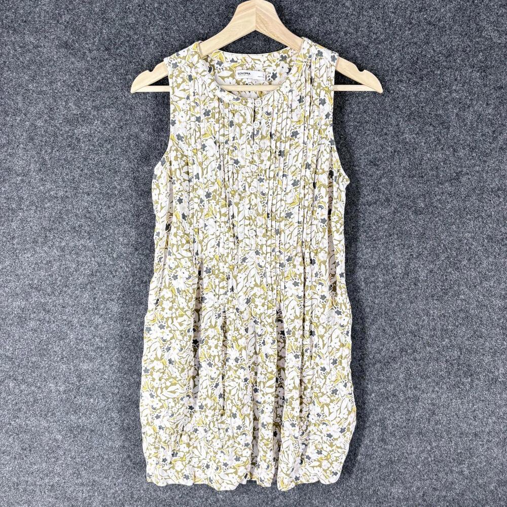 Sonoma Dress Women S Small White Floral Shift Midi 1/2 Button Sleeveless Linen